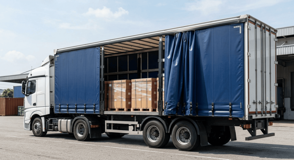 A realistic photo of a white semi-truck with an open blue curtain trailer.